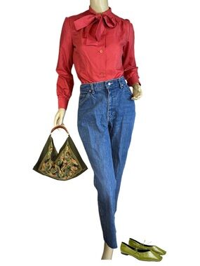 FAMILY FASHIONS BY AVON VINTAGE 1980'S REDDISH ORANGE JACQUARD BLOUSE  (5/6)